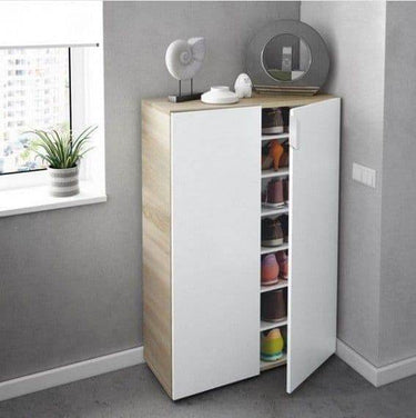 Alvaro White & Oak Effect 30-Pair Shoe Cupboard Cabinet: Modern Entryway Storage - UK Luxury Furniture